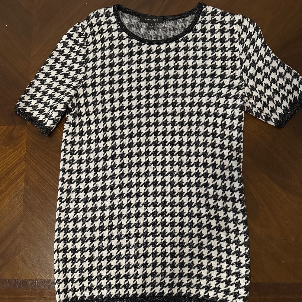Ann Taylor Black and White Houndstooth Pullover Shimmer Sweater Work Chic